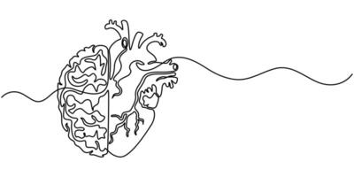 continuous one line drawing of half of a human brain and love in the shape of a heart vector
