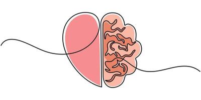 One continuous line drawing of half human brain and love heart shape vector