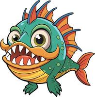 Cartoonish fish with sharp teeth and funny mustache vector