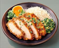 A plate of food with meat, rice and vegetables photo
