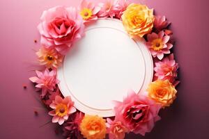 Flower wreath with oval frame on pink background photo
