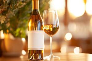 A bottle of wine and a glass of wine on a table photo