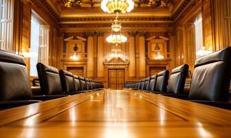 A long wooden table in a large room with black chairs photo
