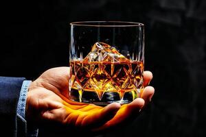 A man holding a glass of whiskey with ice photo