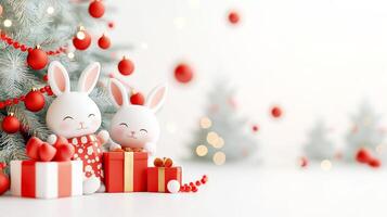 Two white rabbits with presents on a white background photo