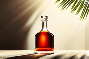 A bottle of cognac sitting on a table with a palm tree in the background photo