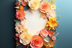 A flower wreath made of paper flowers on a blue background photo