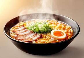 A bowl of ramen with meat and eggs photo