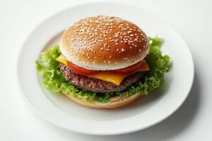 A hamburger is shown on a white plate photo