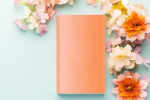An orange notebook with flowers on a blue background photo