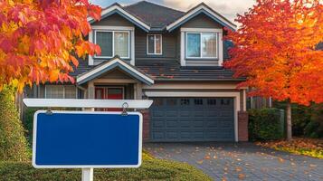 A house with a blue sign in front of it photo