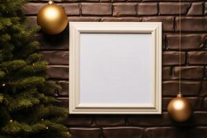 Christmas tree and frame with gold ornaments on brick wall photo
