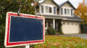 A red and white sign is in front of a house photo