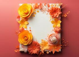 A frame made of paper flowers on a pink background photo