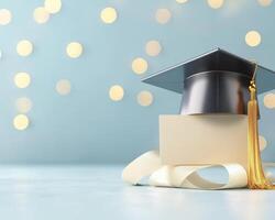 Graduation cap and diploma on a blue background with bokeh lights photo