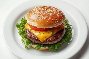 A hamburger with cheese and tomato on a white plate photo