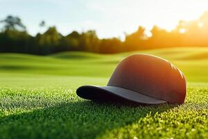 A hat sits on the grass in front of a green field photo