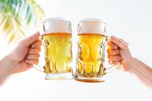 Two hands holding two beer mugs with palm trees in the background photo