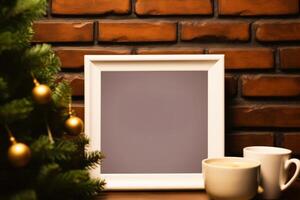 Photo frame and coffee mug on the table with christmas tree