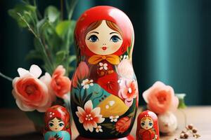 A russian doll with a flower in the background photo