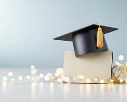 Graduation cap and diploma on a table with garland photo