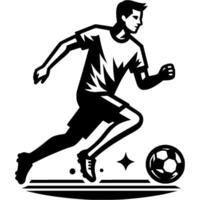 Tattoo emblem of football player in boots dribbling ball in front of him, side view in monochrome. Engraving minimalistic image in black ink drawing on white background vector