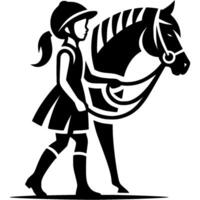 Tattoo emblem of girl jockey leads young horse to training by bridle in monochrome. Engraving minimalistic image in black ink drawing on white background vector