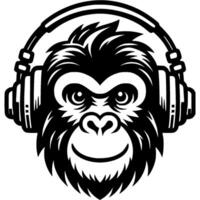 Tattoo of chimpanzee listening to music with headphones in monochrome. Monkey listening to soundtrack on headphones. Engraving minimalistic image in black ink drawing on white background vector