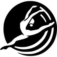 Sport emblem of girl gymnast jumping in splits in monochrome. Engraving minimalistic image in black ink drawing on white background vector