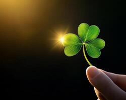 A person holding a four leaf clover with the sun shining through it photo