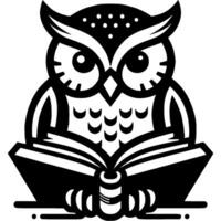Tattoo of wise owl reading a book in monochrome. Engraving minimalistic image in black ink drawing on white background vector