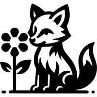 Curious fox sniffs a blossoming flower in monochrome. Engraving minimalistic image in black ink drawing on white background vector