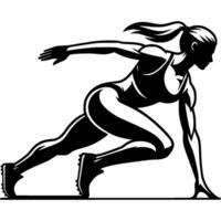 Sport emblem of girl sprinter in starting position on treadmill in monochrome. Engraving minimalistic image in black ink drawing on white background vector