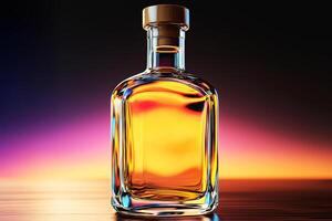 A bottle of whiskey on a table with a sunset in the background photo
