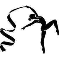 Sport emblem of girl gymnast performing a choreographed dance with a silk athletic ribbon in monochrome. Engraving minimalistic image in black ink drawing on white background vector