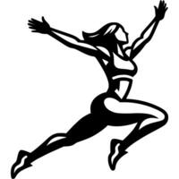 Sport emblem of athlete finishes powerfully with her arms spread out joyfully at finish line in monochrome. Engraving minimalistic image in black ink drawing on white background vector