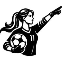 Sport emblem of female soccer goalkeeper points forward before kicking ball from penalty area in monochrome. Engraving minimalistic image in black ink drawing on white background vector