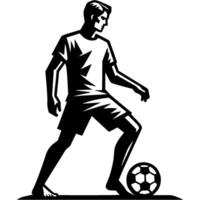 Tattoo emblem of young beach soccer player makes first pass at the start of game in monochrome. Engraving minimalistic image in black ink drawing on white background vector
