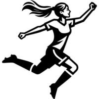 Sport emblem of female soccer player celebrates scoring goal against an opponent in monochrome. Engraving minimalistic image in black ink drawing on white background vector