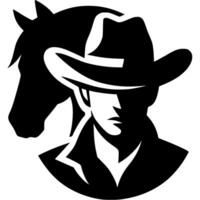 Tattoo emblem of cowboy in wide brim hat against background of mustang horse head in monochrome. Engraving minimalistic image in black ink drawing on white background vector