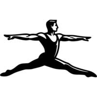 Sport emblem of gymnast man performs power split in jump in monochrome. Engraving minimalistic image in black ink drawing on white background vector