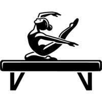 Sport emblem of girl gymnast performs graceful stretching exercises on balance beam in monochrome. Engraving minimalistic image in black ink drawing on white background vector