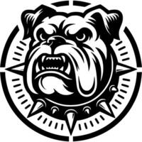 Tattoo of angry roaring Bulldog dog head in monochrome. Bulldog dog in madness side view. Engraving minimalistic image in black ink drawing on white background vector