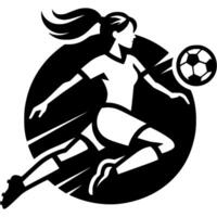 Sport emblem of female soccer player takes a difficult ball flying at her with a knee strike in monochrome. Engraving minimalistic image in black ink drawing on white background vector