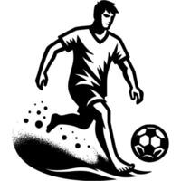 Tattoo emblem of beach soccer player runs with ball on sticky sand in monochrome. Engraving minimalistic image in black ink drawing on white background vector