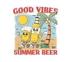 Good vibes beer cartoon character in summer vibes illustration vector