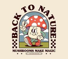 Back to Nature slogan with a retro mushroom cartoon character vector