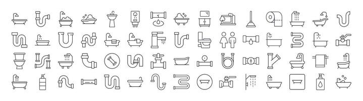 Pack of Line Icons of Faucet, Pipes, Bathroom, Toilet. Minimalistic Linear Pictogram for Web and Graphic Design, Apps, Banners, Social Network and Cards vector
