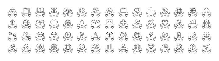 Time, Gem, Health etc over Open Hand Line Icon Pack. Outline Signs for Graphic and Web Design, Apps, Adverts, Various Cards vector