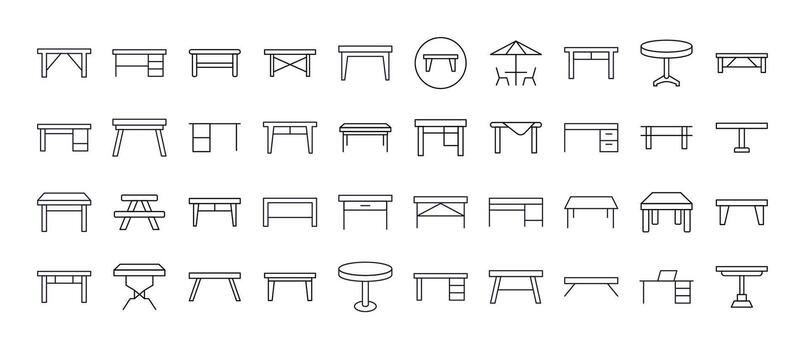 Tables Thin Line Icon Set. Outline Signs for Graphic and Web Design, Apps, Adverts, Various Cards vector